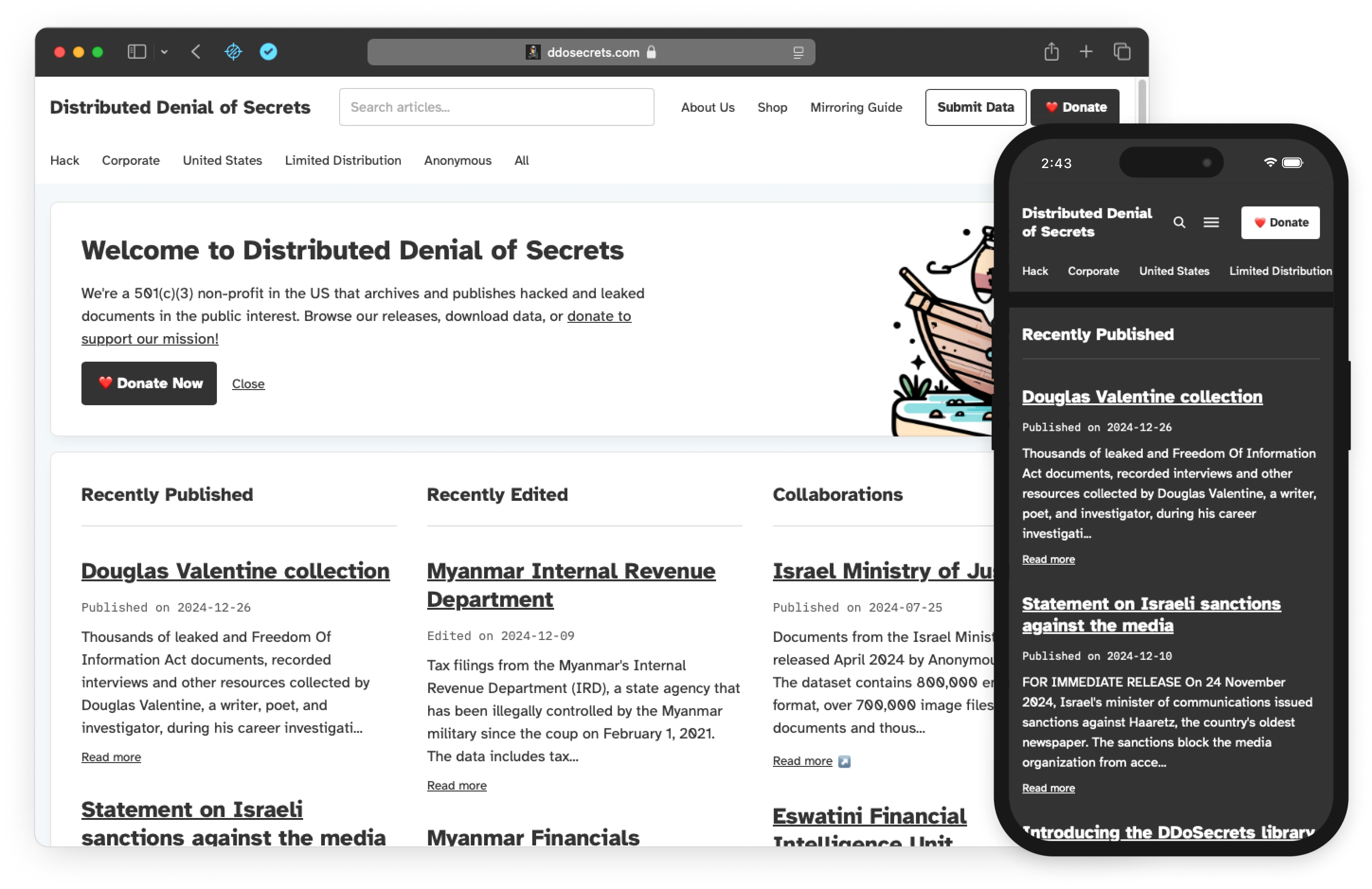 Distributed Denial of Secrets desktop and mobile interfaces.