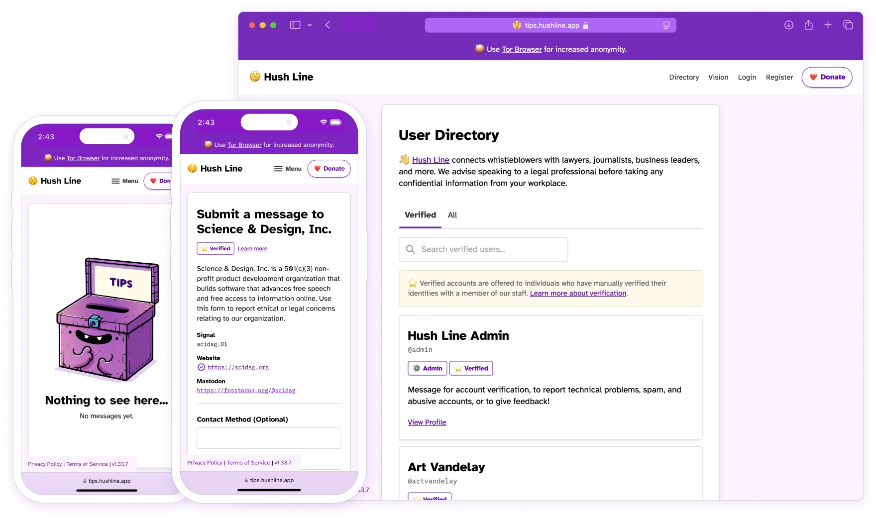 Hush Line mobile and desktop interfaces.